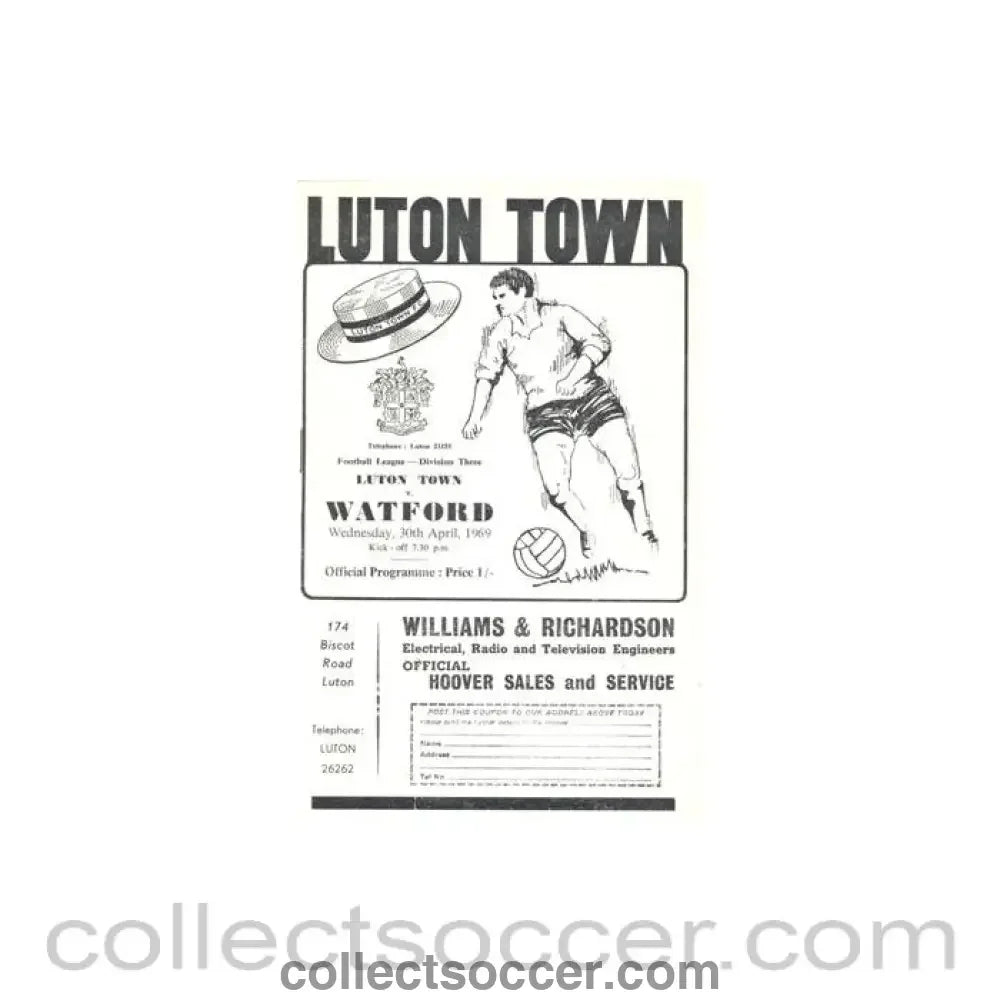 1969 - Luton Town v Watford official programme 30/04/1969 Football League - Collect Soccer