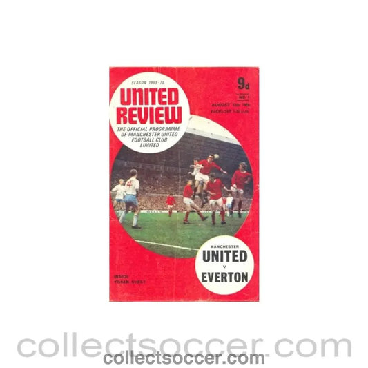 1969 - Manchester United v Everton official programme 13/08/1969 token cut, half price - Collect Soccer