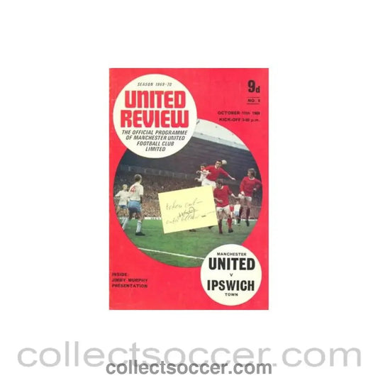 1969 - Manchester United v Ipswich Town official programme 11/10/1969 Football League, half price - Collect Soccer