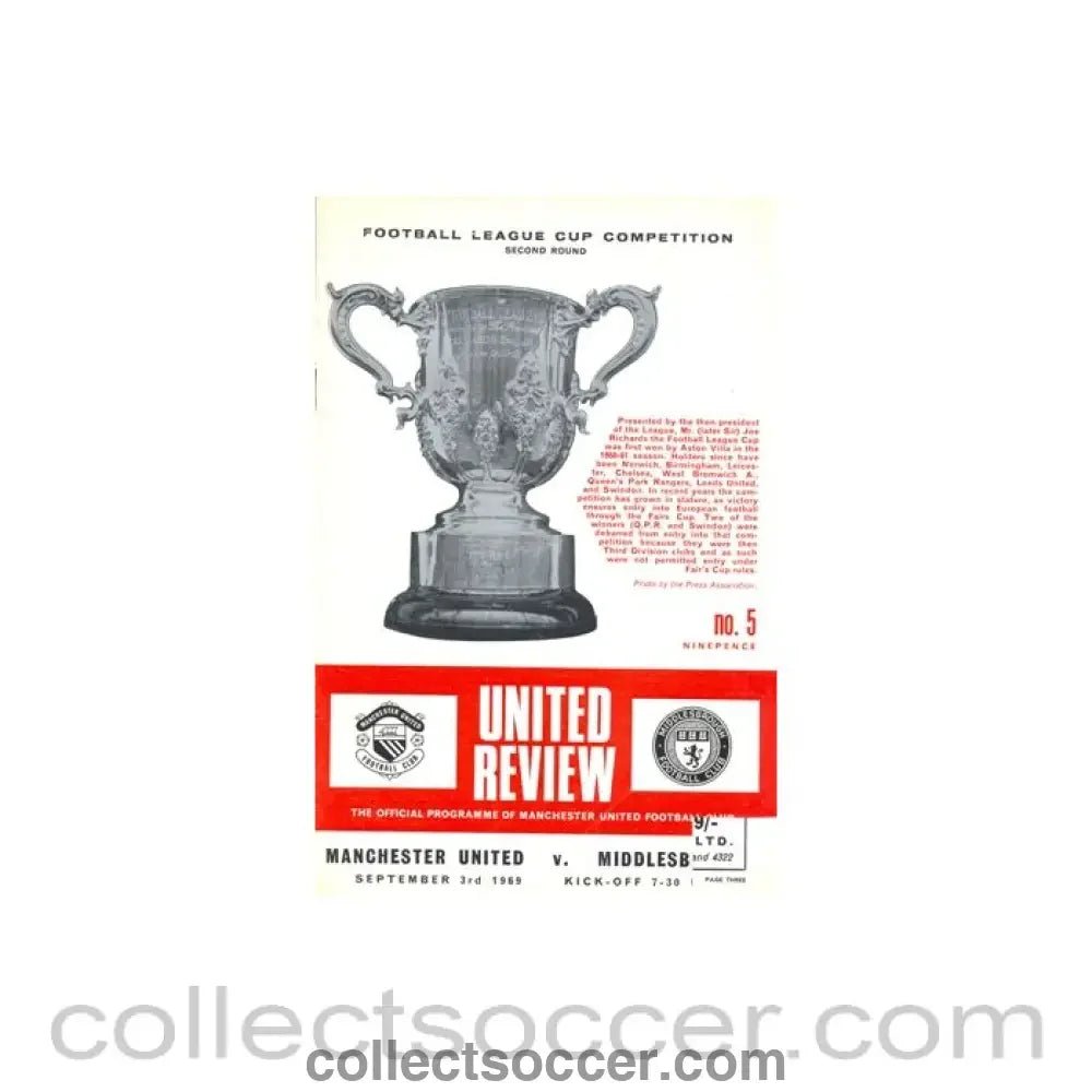 1969 - Manchester United v Middlesbrough official programme 03/09/1969, half price - Collect Soccer