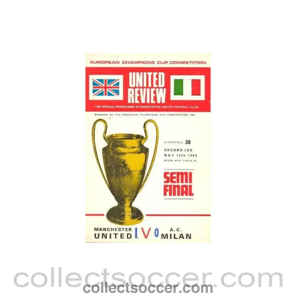 1969 - Manchester United v Milan official programme 15/05/1969 European Champions Cup Semi - Final - Collect Soccer