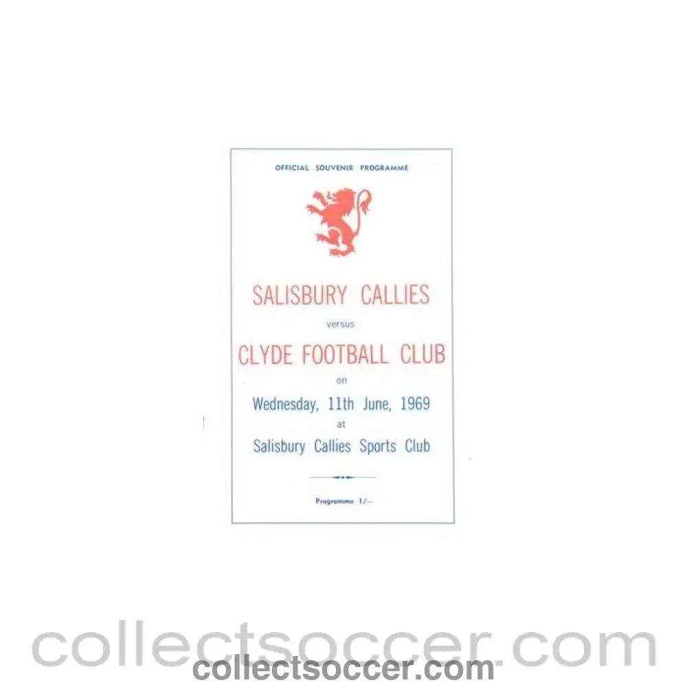 1969 - Salisbury Callies Zimbabwe v Clyde official programme 11/06/1969 - Collect Soccer