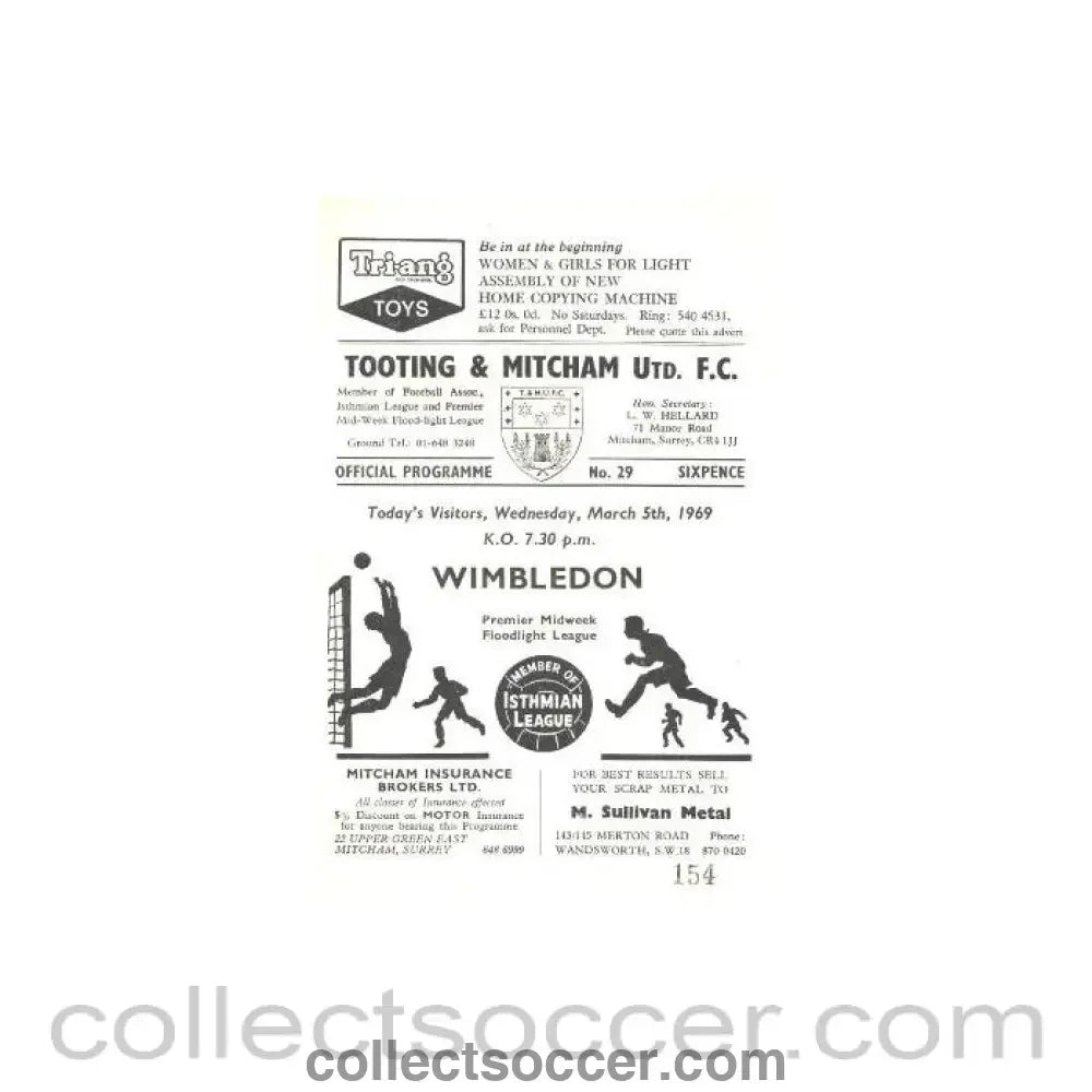 1969 - Tooting & Mitcham United v Wimbledon official programme 05/03/1969 - Collect Soccer