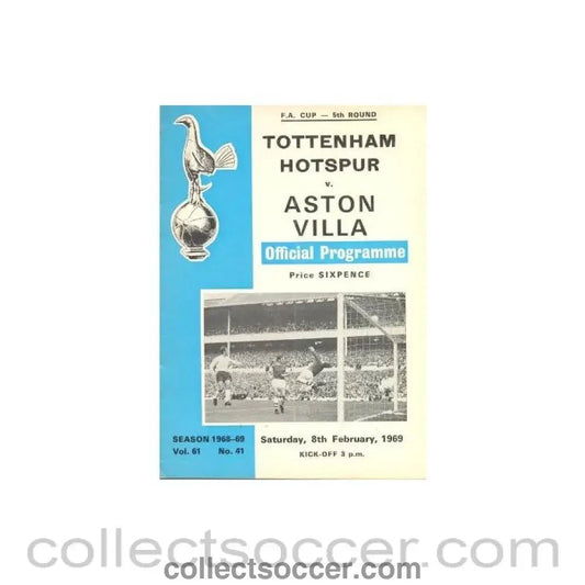 1969 - Tottenham Hotspur v Aston Villa official programme 08/02/1969 F.A. Cup - Collect Soccer