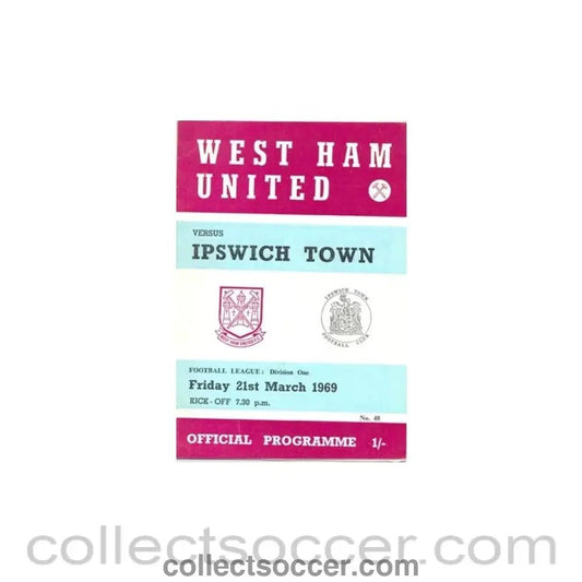 1969 - West Ham United v Ipswich Town official programme 21/03/1969 - Collect Soccer