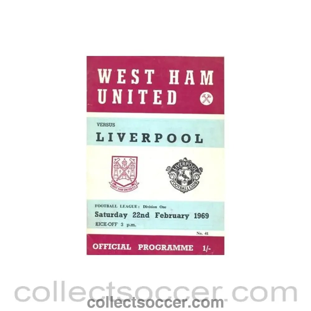 1969 - West Ham United v Liverpool official programme 22/02/1969 Football League - Collect Soccer