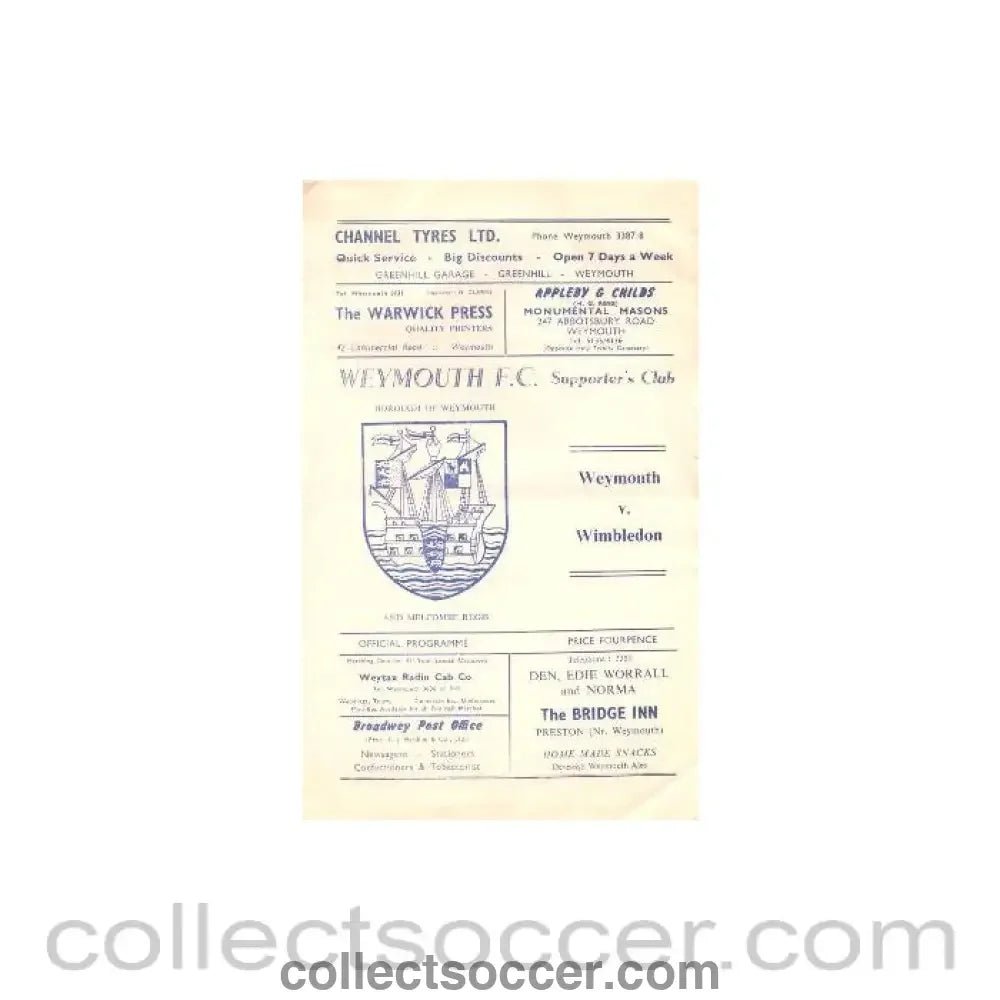 1969 - Weymouth v Wimbledon official programme 20/12/1969 - Collect Soccer