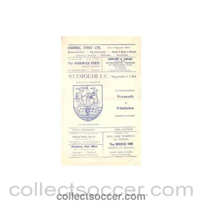 1969 - Weymouth v Wimbledon official programme 20/12/1969 - Collect Soccer