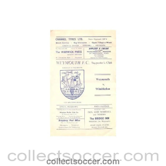 1969 - Weymouth v Wimbledon official programme 20/12/1969 - Collect Soccer