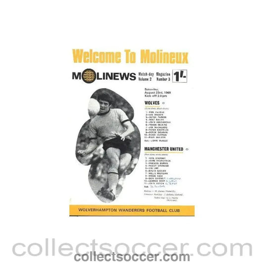 1969 - Wolverhampton Wanderers v Manchester United official programme 23/08/1969 Football League - Collect Soccer