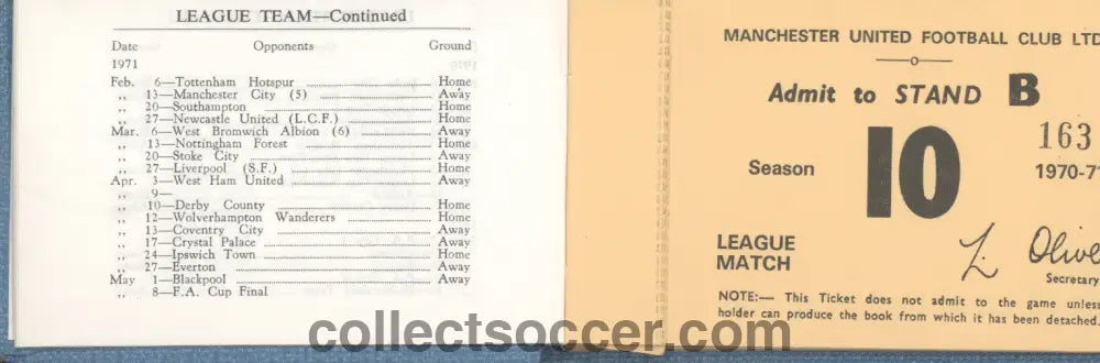 1970/71 Manchester United Season Ticket in Fantastic Condition