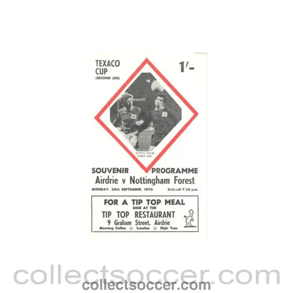 1970 - Airdrie v Nottingham Forest official programme 28/09/1970 Texaco Cup - Collect Soccer