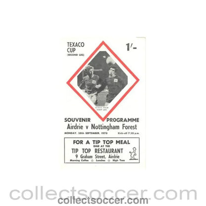 1970 - Airdrie v Nottingham Forest official programme 28/09/1970 Texaco Cup - Collect Soccer