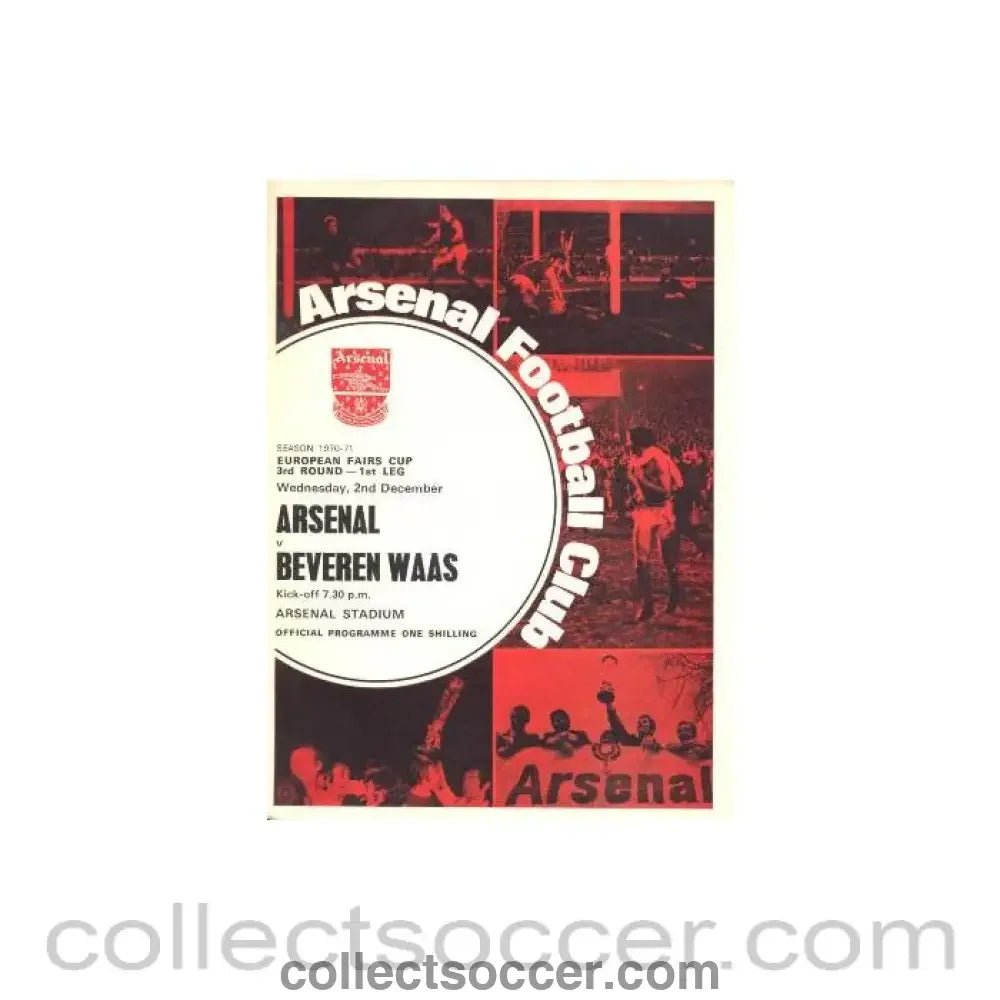 1970 - Arsenal v Beveren Waas European Fairs Cup Third Round First Leg official programme 02/12/1970 - Collect Soccer