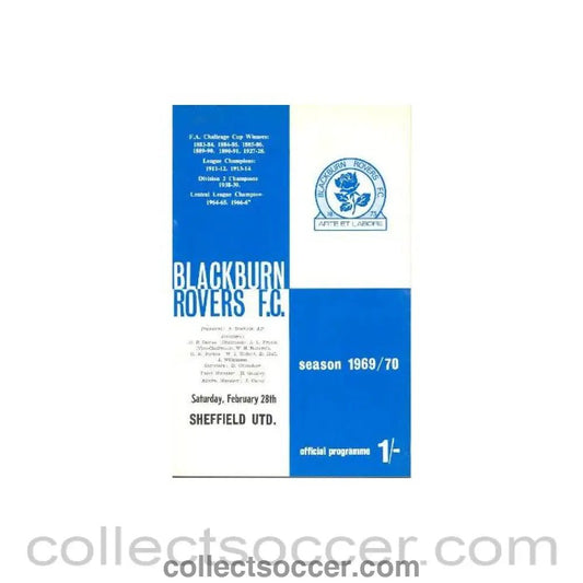 1970 - Blackburn Rovers v Sheffield United official programme 28/02/1970 Football League - Collect Soccer