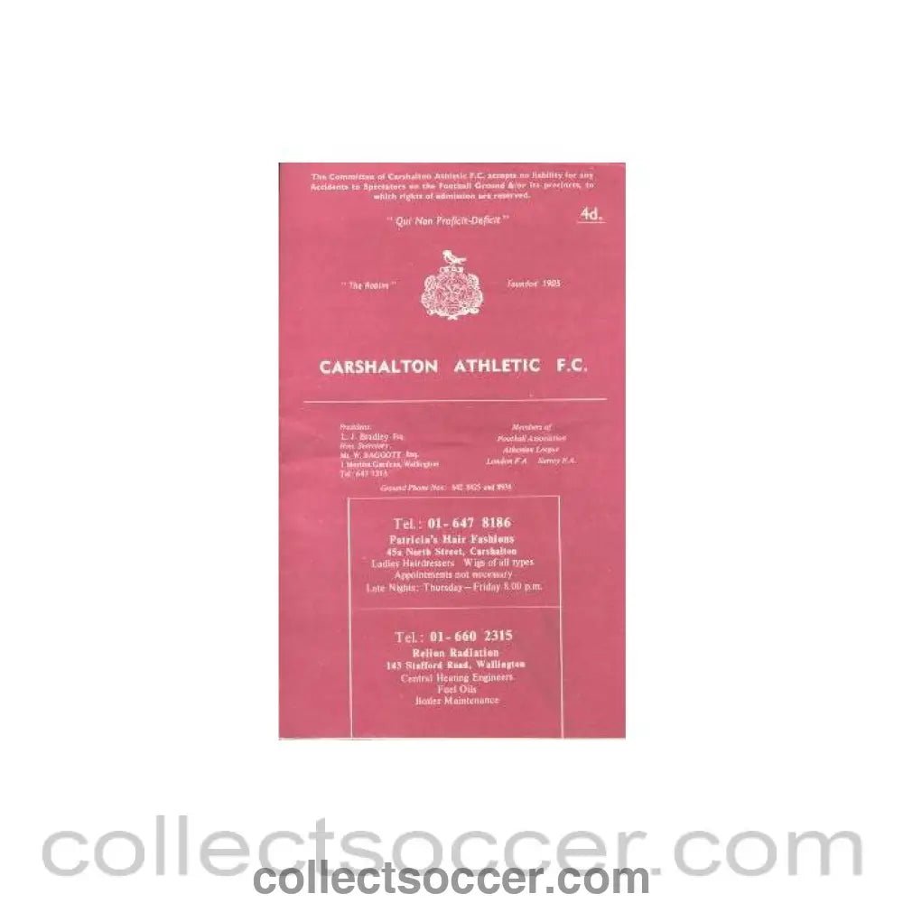 1970 - Carshalton Athletic v Wimbledon official programme 20/04/1970 - Collect Soccer