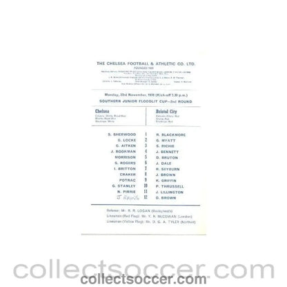 1970 - Chelsea v Bristol City official programme 23/11/1970 Youth Game - Collect Soccer