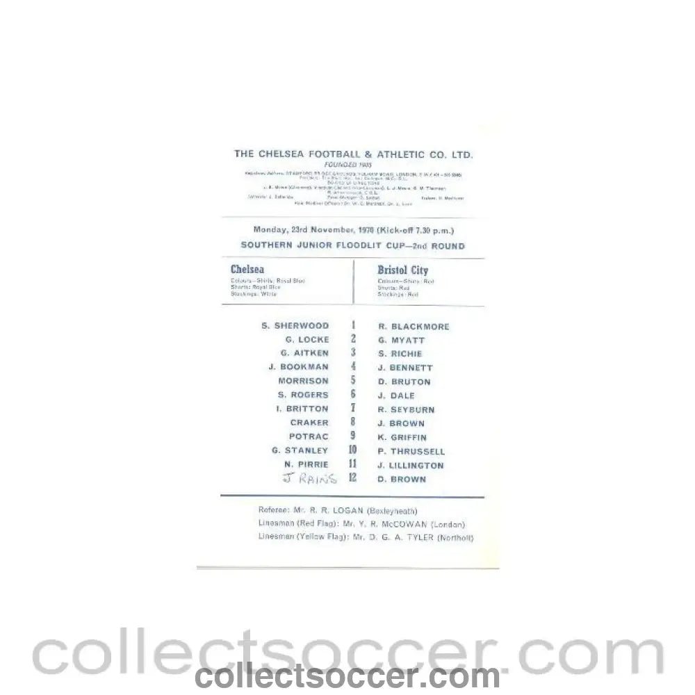 1970 - Chelsea v Bristol City official programme 23/11/1970 Youth Game - Collect Soccer