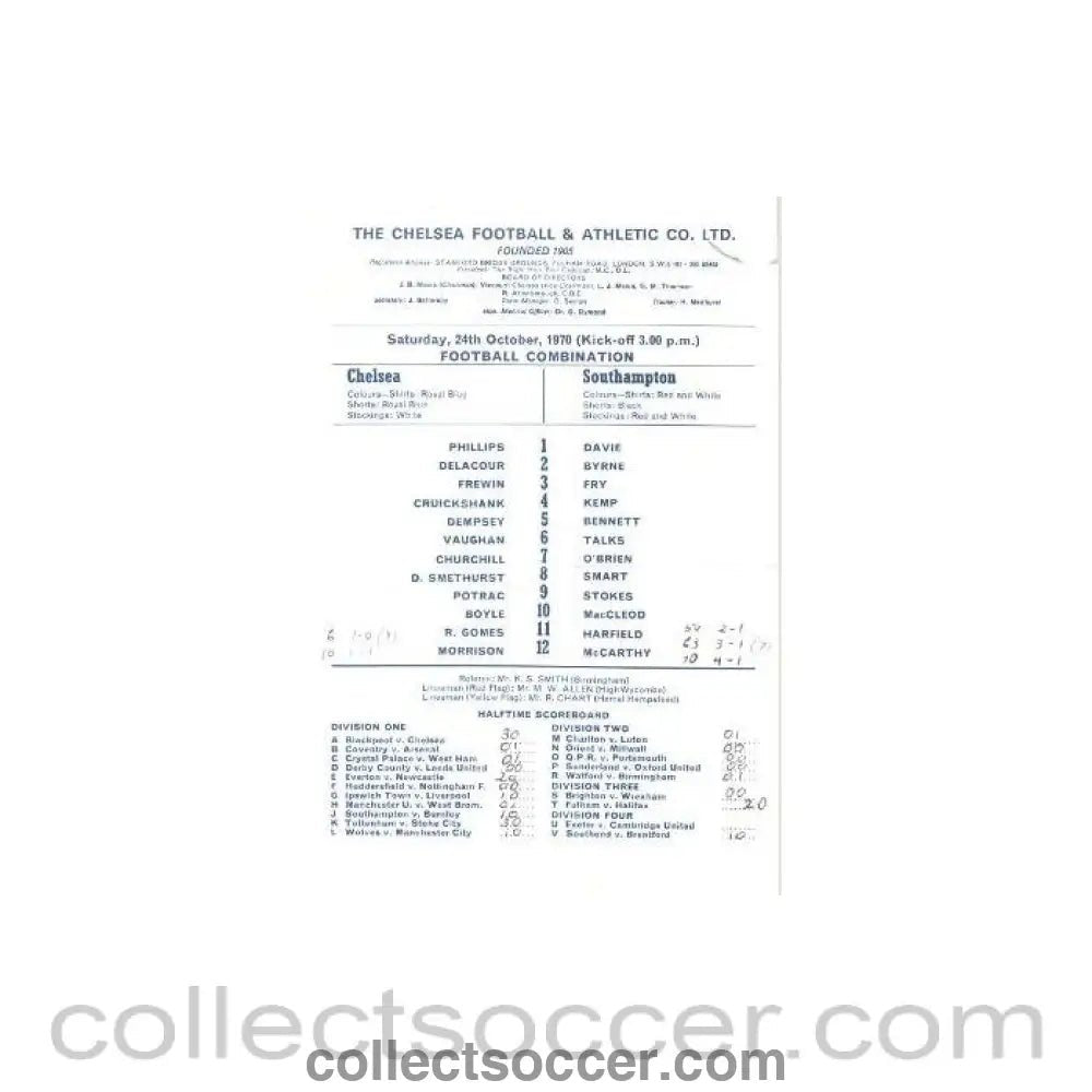 1970 - Chelsea v Southampton Reserves official programme 24/10/1970 Reserves - Collect Soccer