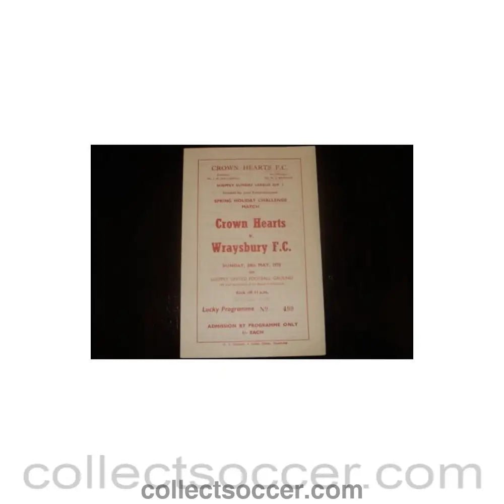 1970 - Crown Hearts v Wraysbury official programme 24/05/1970 Kent Cup - Collect Soccer