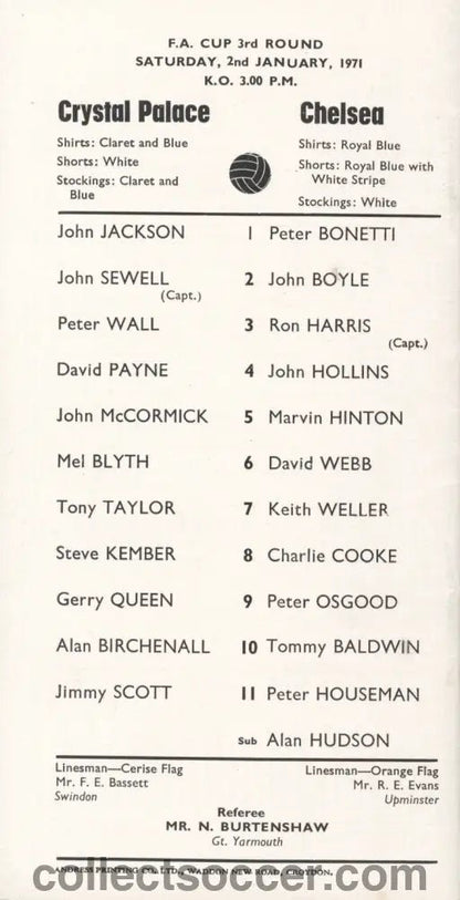 1970 - Crystal Palace v Chelsea official programme 2/1/1971 - Collect Soccer