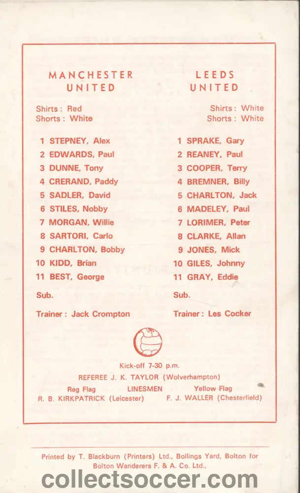 1970 FA Cup Semi Final Second Replay at Burnden Park Manchester United v Leeds United Programme
