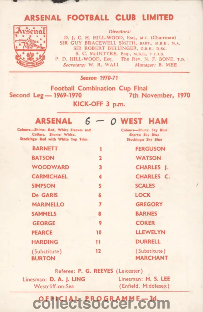 1970 Football Combination Cup Final Second Leg Arsenal v West Ham United Programme