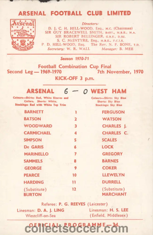 1970 Football Combination Cup Final Second Leg Arsenal v West Ham United Programme