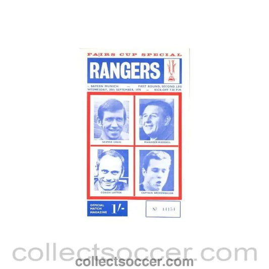 1970 - Glasgow Rangers v Bayern Munich European Fairs' Cup First Round Second Leg official programme 30/09/1970 - Collect Soccer