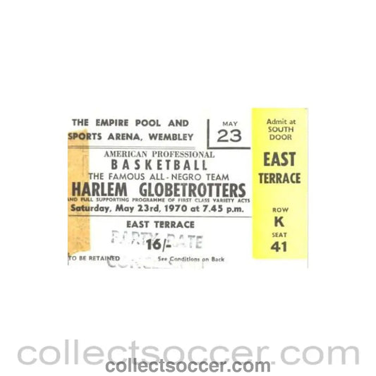 1970 - Harlem Globetrotters USA basketball match ticket 23/05/1970