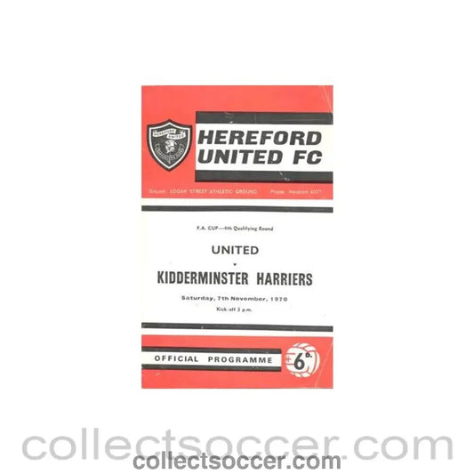 1970 - Hereford United v Kidderminster Harriers official programme 07/11/1970 F.A. Cup - Collect Soccer