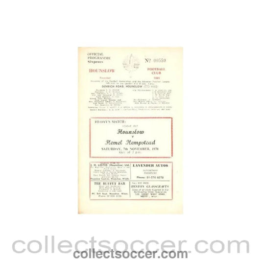 1970 - Hounslow Town v Hemel Hempstead official programme 07/11/1970 - Collect Soccer