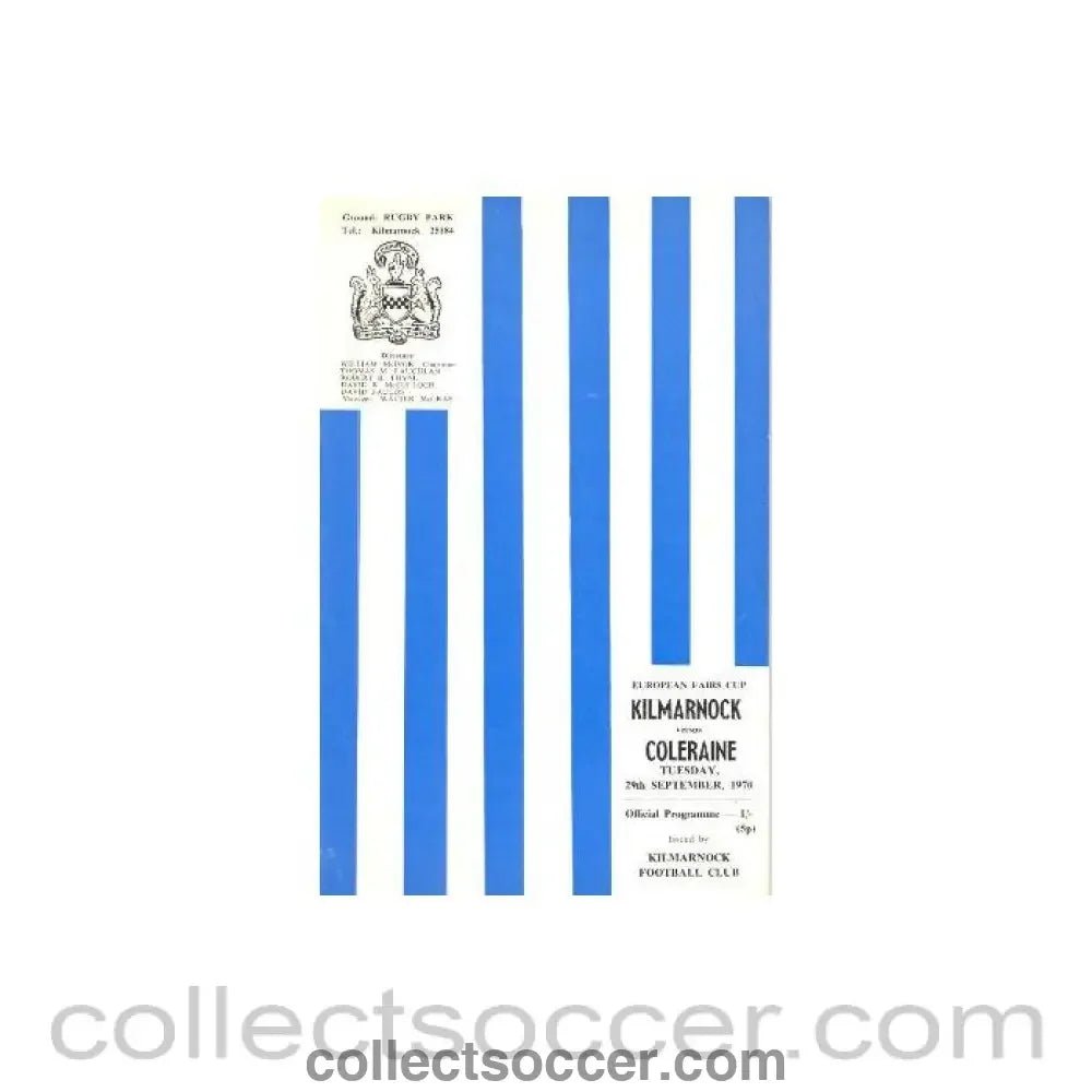 1970 - Kilmarnock v Coleraine European Fairs' Cup official programme 29/09/1970 - Collect Soccer