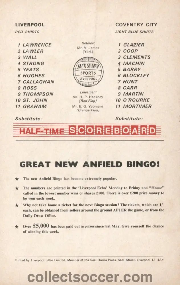 1970 - Liverpool v Coventry City FA Cup 3rd Round Replay official programme 12/01/1970 - Collect Soccer