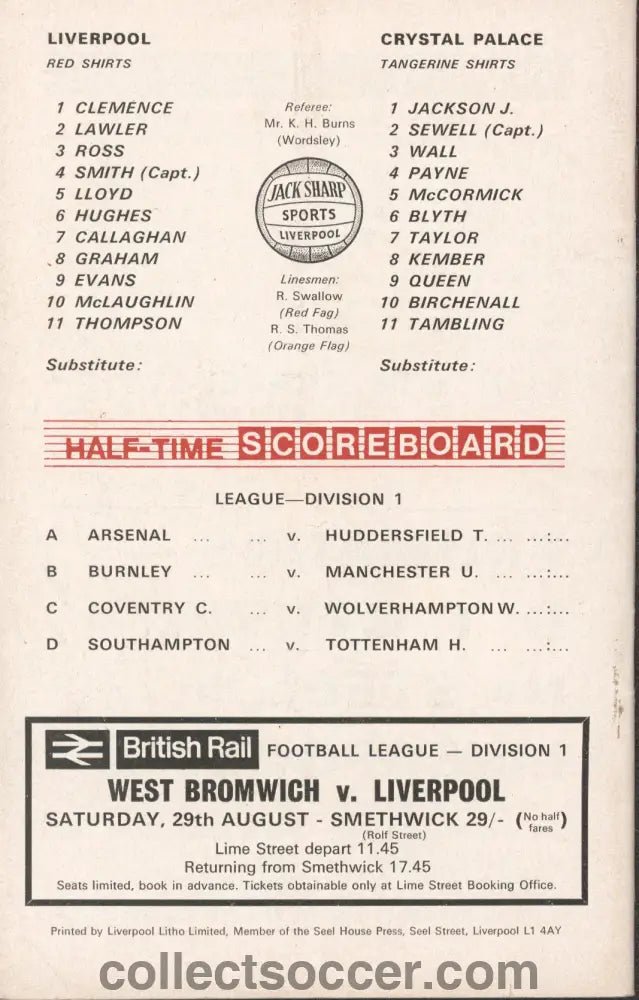 1970 - Liverpool v Crystal Palace official programme 25/08/1970 - Collect Soccer