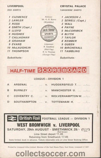 1970 - Liverpool v Crystal Palace official programme 25/08/1970 - Collect Soccer