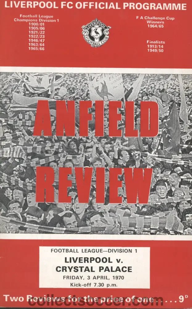 1970 Liverpool v Crystal Palace Official Programme 3/4/1970 - Collect Soccer