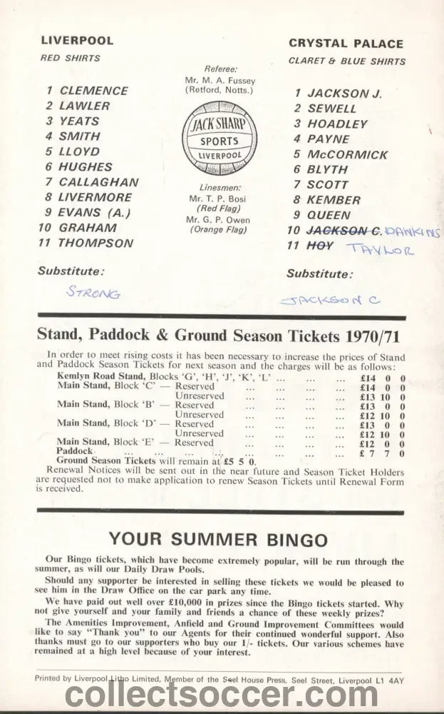 1970 Liverpool v Crystal Palace Official Programme 3/4/1970 - Collect Soccer