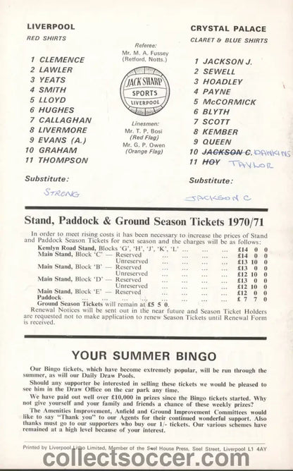 1970 Liverpool v Crystal Palace Official Programme 3/4/1970 - Collect Soccer