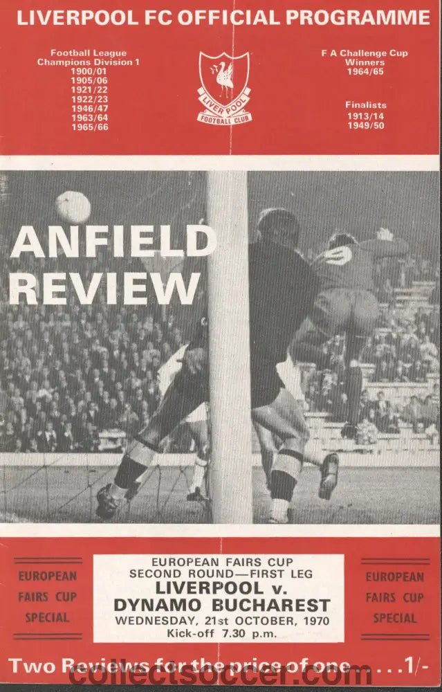 1970 - Liverpool v Dynamo Bucharest European Fairs Cup Second Round First Leg official programme 21/10/1970 - Collect Soccer
