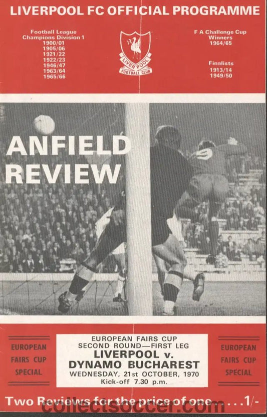 1970 - Liverpool v Dynamo Bucharest European Fairs Cup Second Round First Leg official programme 21/10/1970 - Collect Soccer