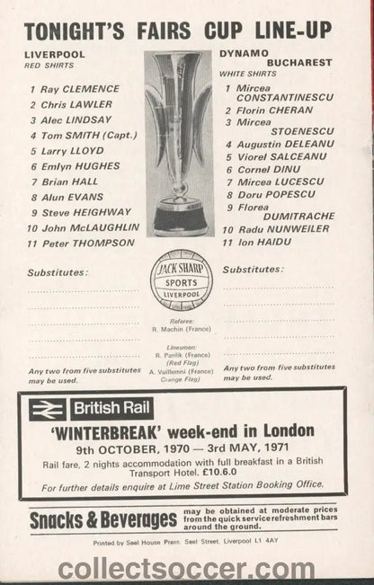 1970 - Liverpool v Dynamo Bucharest European Fairs Cup Second Round First Leg official programme 21/10/1970 - Collect Soccer