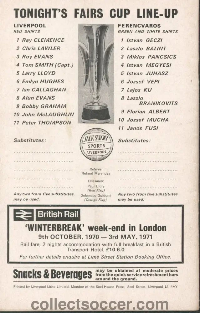 1970 - Liverpool v Ferencvaros European Fairs' Cup First Round First Leg official programme 15/09/1970 - Collect Soccer