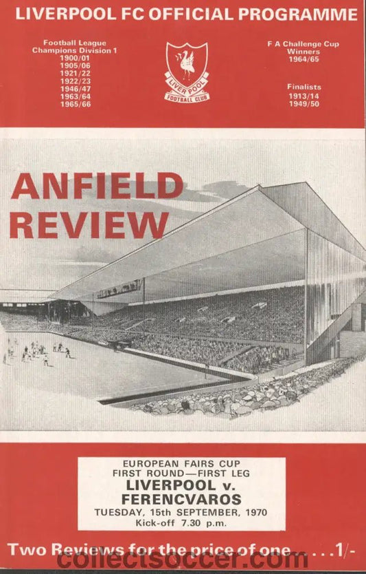 1970 - Liverpool v Ferencvaros European Fairs' Cup First Round First Leg official programme 15/09/1970 - Collect Soccer