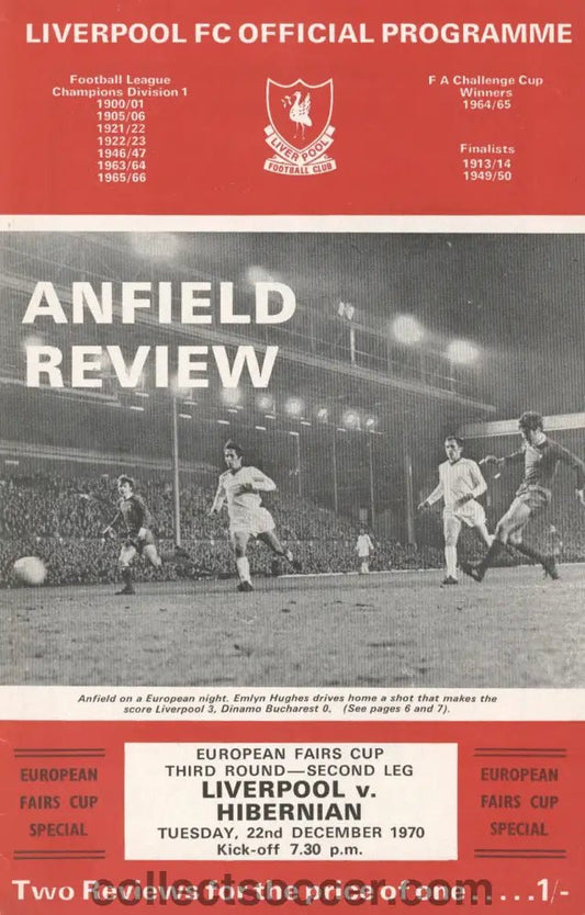 1970 - Liverpool v Hibernian European Fairs Cup Third Round Second Leg official programme 22/12/1970 - Collect Soccer