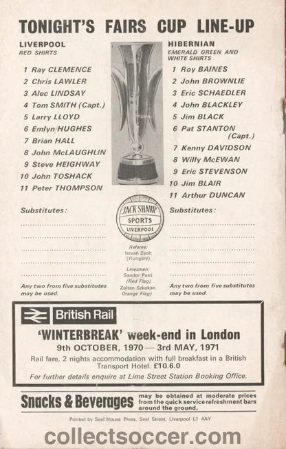 1970 - Liverpool v Hibernian European Fairs Cup Third Round Second Leg official programme 22/12/1970 - Collect Soccer