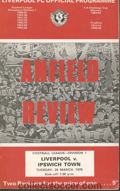 1970 - Liverpool v Ipswich Town official programme 24/03/1970 - Collect Soccer