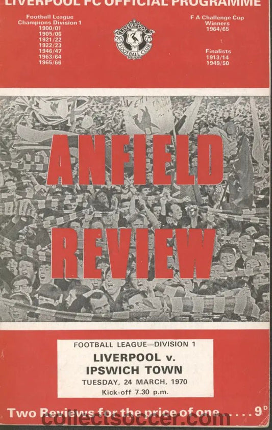 1970 - Liverpool v Ipswich Town official programme 24/03/1970 - Collect Soccer