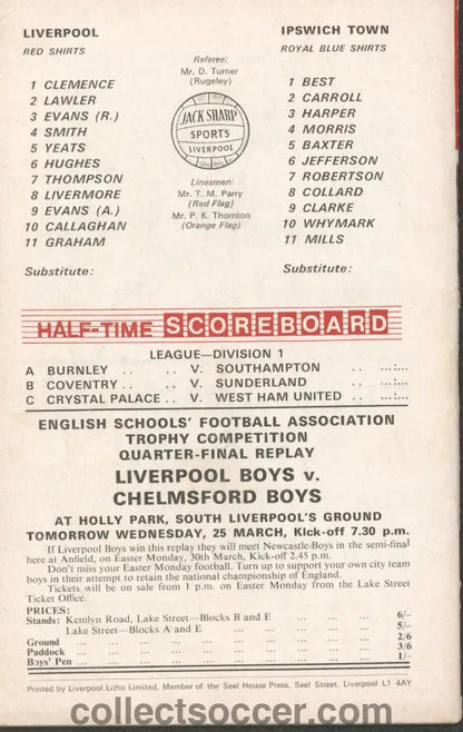 1970 - Liverpool v Ipswich Town official programme 24/03/1970 - Collect Soccer