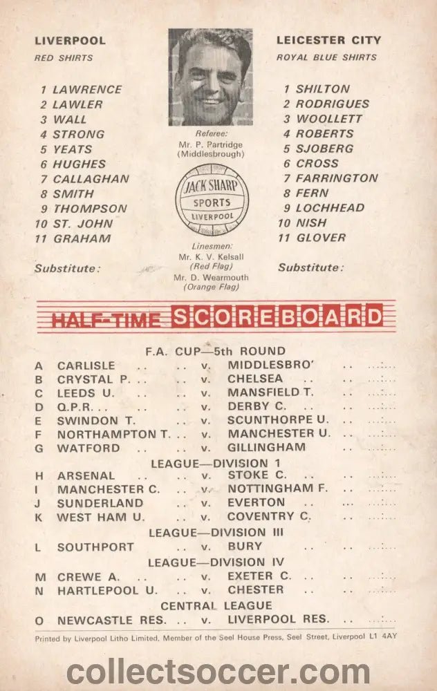 1970 - Liverpool v Leicester City FA Cup 5th Round official programme 07/02/1970 - Collect Soccer